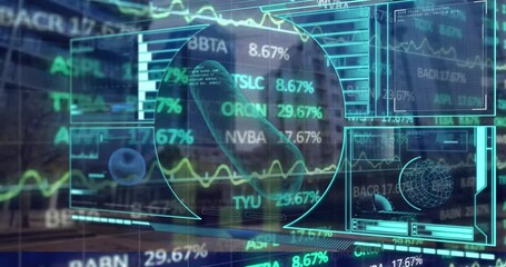 Animation of digital interface and stock market data processing against tall buildings - Powered by Adobe