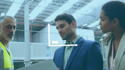 Animation of white bar graph over multiracial coworkers discussing over laptop in warehouse - Powered by Adobe