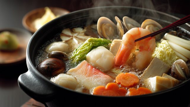 寄せ鍋の海鮮をすくう温かな夕餉、団らんの食卓