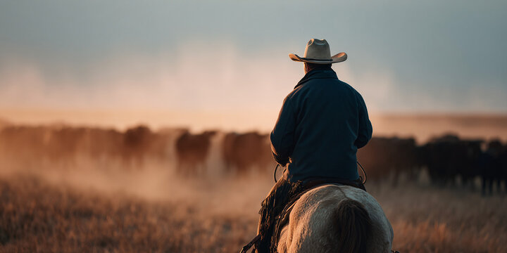 Cowboy riding a horse leading cattle in a scenic, dusty field during sunset