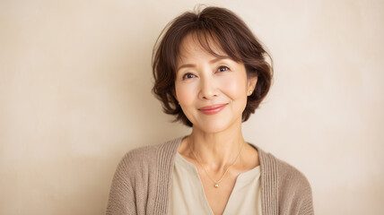 上品にほほえむシニア女性の肖像、落ち着いた雰囲気