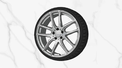 A stylish, silver alloy wheel and black tire with a detailed spoke design on a white marble background