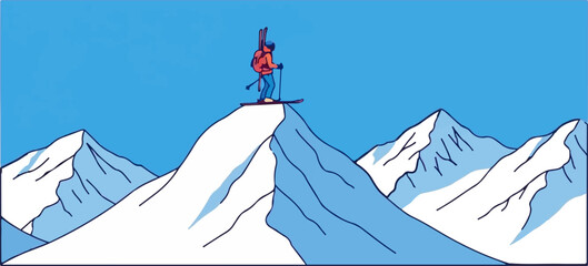 A solitary skier stands atop a snow-capped mountain peak, gazing out at a vast blue sky and surrounding snowy ranges © Kolam