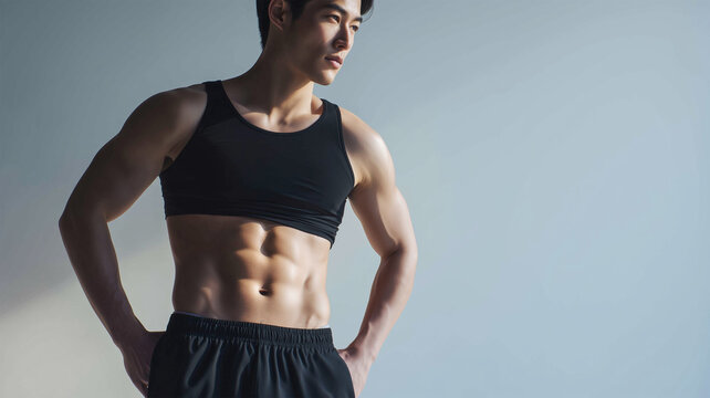 腹部の筋肉を見せる男性、引き締まったボディ表現