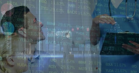 Animation of financial data processing over doctor and patient - Powered by Adobe