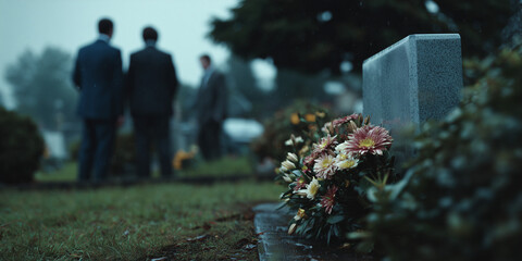 Mourners at a graveside, a symbol of remembrance and loss, with fresh flowers at the grave