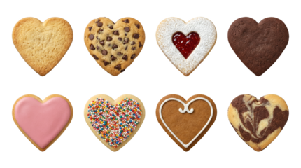 Heart shaped cookie set including chocolate chip, jam filled, frosted, and sprinkle varieties. Valentines day and bakery dessert collection.