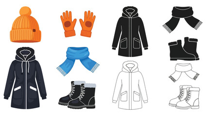 Winter clothing collection hats gloves coats scarves and boots displayed © Mstsalma