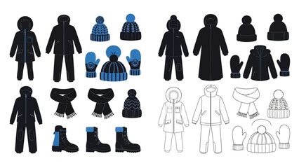 Winter clothing collection hats coats scarves and mittens in various styles © Mstsalma