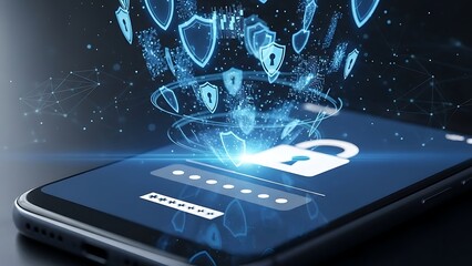 Digital security shield icon glowing on smartphone screen with network protection