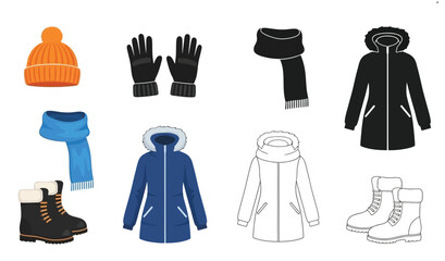 Collection of winter clothing items including coats hats gloves and boots © Mstsalma
