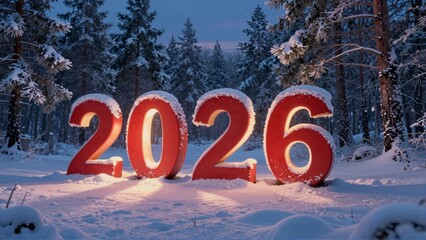 2026 illuminated numbers in snowy forest