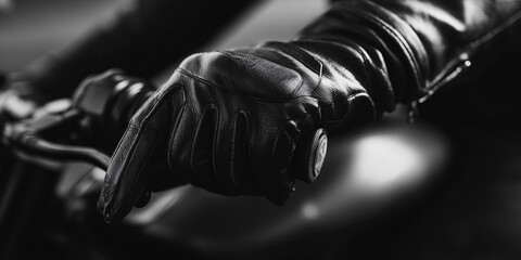Close-up shot of a gloved hand on a motorcycle handlebar, capturing the essence of riding
