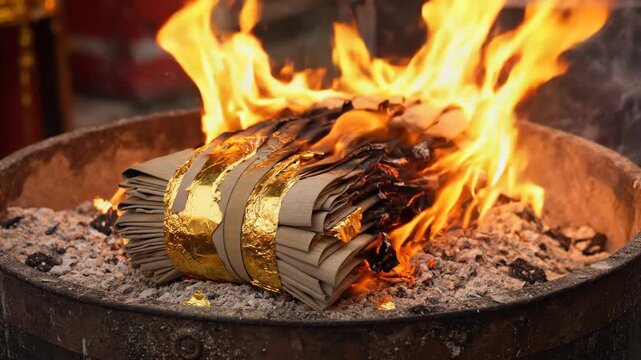 Burning joss paper bundle with gold foil in a metal incinerator. Traditional Chinese offering of ghost money for ancestors during a ritual. Cultural ceremony concept