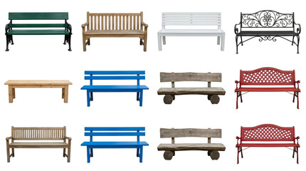 Park bench set including wooden, metal, painted, and rustic log styles isolated. Outdoor furniture and garden seating collection.