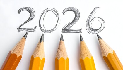 Pencils point toward the pencil-sketched number "2026" on white paper