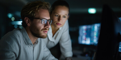 Focused two colleagues deeply examining the computer screen in dim lighting. Both appear to be engrossed in their work, analyzing data