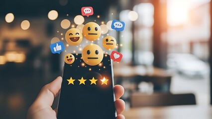 Hand holding smartphone with social media reaction emojis and five stars rating