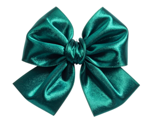 Lush emerald green satin bow with detailed folds and knot, centered on a transparent background