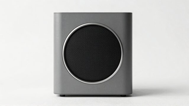 Modern gray speaker with circular grille on white background