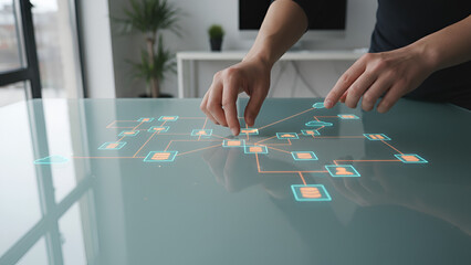 Collaborative planning on a transparent touchscreen table: futuristic UI and teamwork concept

