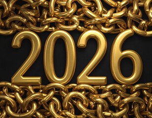 Gleaming gold "2026" on black background, framed by chains