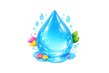 Vibrant water droplet with floral accents and leaves for nature design