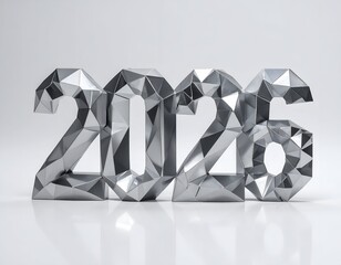 Geometric silver numerals 2026, rendered with faceted surfaces against white