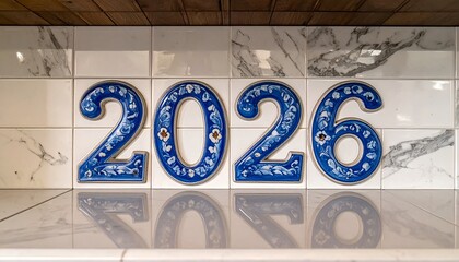 Ceramic blue floral numbers "2026" on marble tiles with reflections