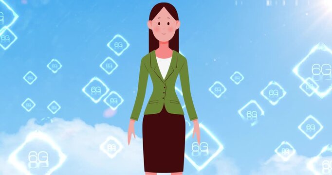 Animation of businesswoman wearing a face mask icon and multiple 6g text banners against blue sky