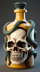 Yellow Cracked Bottle With Skull And Tentacles: Dark Gothic Centerpiece For Halloween Or Horror Decor