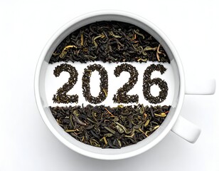 A white cup filled with tea leaves forms the numbers 2026