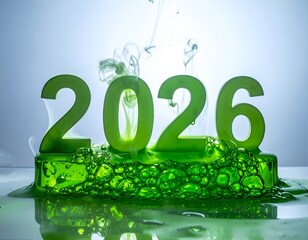 Green "2026" numbers on a bubbling, dissolving, green concoction