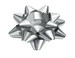 Close-up of a shiny, silver bow with pointed loops on a black background