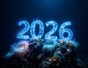 Glowing '2026' floats above sea anemones on a reef underwater
