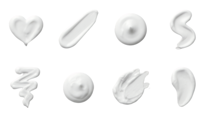 White cosmetic cream set including heart, swirl, drop, smear, and zigzag textures isolated. Skincare and beauty product collection.