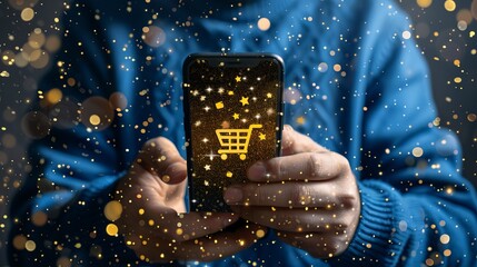 Smartphone shopping  user engaging with e commerce and digital marketing through cart icon