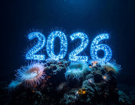 Glowing '2026' floats above sea anemones on a reef underwater - Powered by Adobe