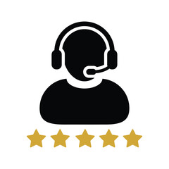 Customer Support Agent with Headset and Five Star Rating Icon Illustration