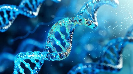 Glowing blue DNA double helix structure close-up with blurred molecular background. 3D rendered illustration for medicine, genetics, biotechnology, and science research. - Powered by Adobe