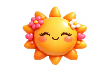 Radiant sun icon with smiling face and floral accents for summer celebration designs
