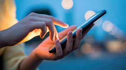 Tech Touch: A close-up shot of hand using the smartphone screen, illuminated against a blurred night backdrop, capturing modern connectivity.