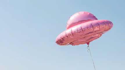 Minimalist background with an inflatable UFO spaceship, concept for a birthday or kids party