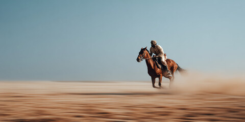 A horse and rider galloping across the desert landscape, kicking up a cloud of dust. The horse is a beautiful brown color and the rider is dressed in traditional garb