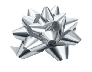 Shiny, silver bow in detail against a black background. Sharp folds create a starburst effect