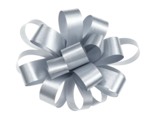 A close-up of a silver decorative ribbon bow against a black background