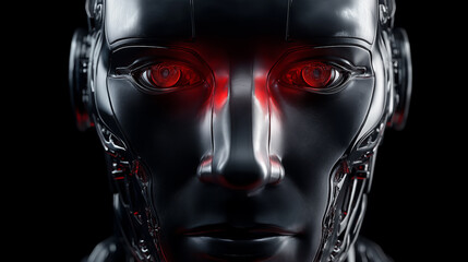 A futuristic humanoid robot with glowing red eyes representing artificial intelligence, power, and advanced technology.