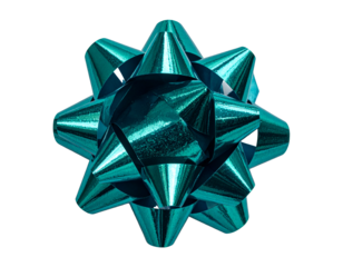 Bright turquoise bow, eight-pointed star shape, glossy metallic finish on black background