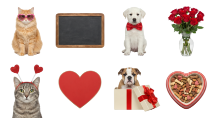 Valentine's Day pet and gift collection including ginger cat with glasses, puppy with bow tie, roses, heart, and dog treats. Romantic holiday celebration and animal love concept.