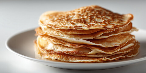 A stack of delicious golden pancakes on a white plate, perfect for breakfast. The pancakes are beautifully layered and ready to be enjoyed